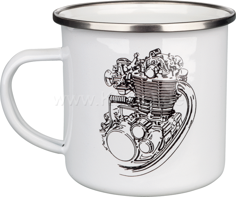 Kedo Nostalgia Mug '500cc' with stylized SR / XT500 engine, 300ml white / black in gift box, enamel with metal rim (hand rinses recommended) | 41411