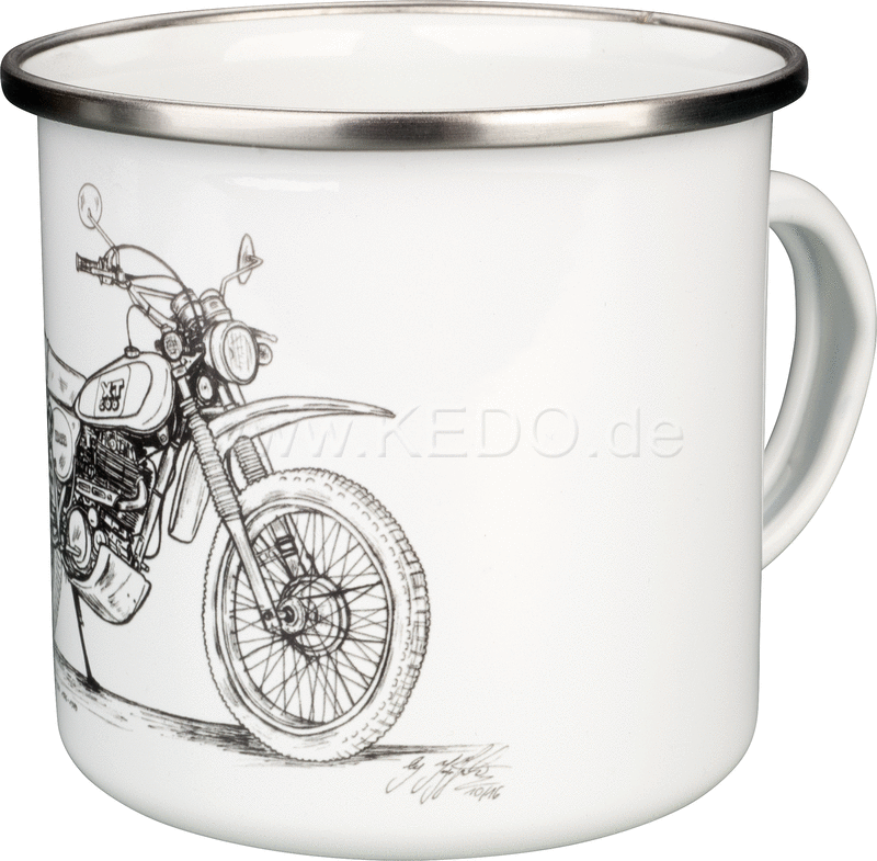 Kedo Nostalgia Mug 'XT500' stylized b / w drawing, approx. 300ml, enamel with metal rim (hand wash recommended), in a gift box | 41577