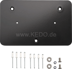 Kedo License Plate Pad 210x130mm, for french license plates, 2mm aluminum black, with countersunk head fixing on the vehicle & blind rivets for license plates | 50178