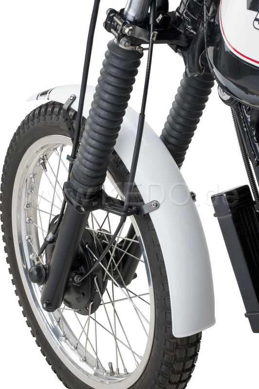 Kedo Trial Front Fender style engine, white, not drilled, free positionable, including black aluminum brackets, milled aluminum clamps & decals. | 50769W