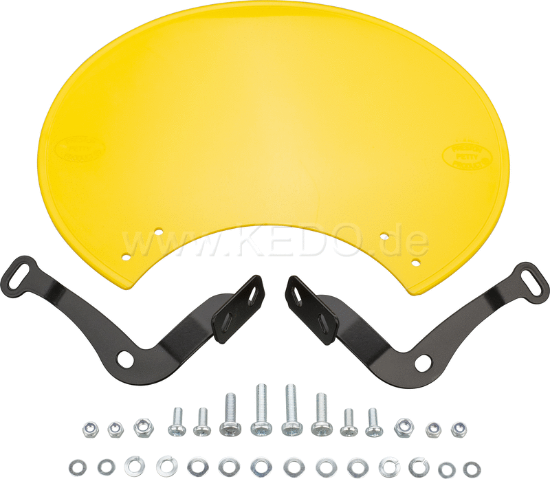 Kedo Number Plate 'Six Days', Preston Petty plastic yellow, ready to mount with black stainless steel brackets, for original headlight brackets, tilt +/-. | 60405G
