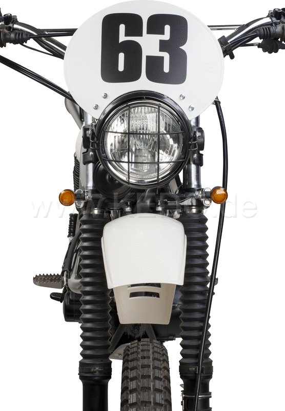 Kedo Number Plate 'Six Days', Preston Petty plastic white, ready to mount with black stainless steel brackets, for original headlight brackets, tilt +/-. | 60405W