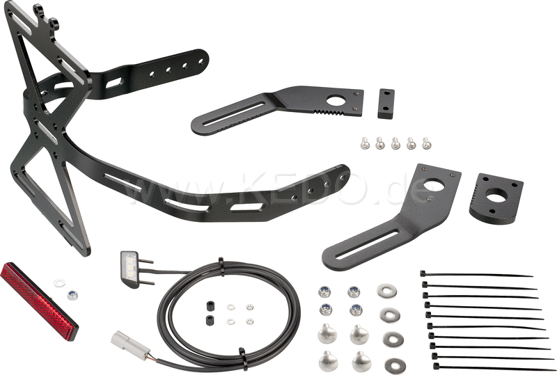 Kedo License plate holder swing arm mounting, stainless steel / aluminum black plastic coated, incl 'E' approved license plate light and reflector | 62028