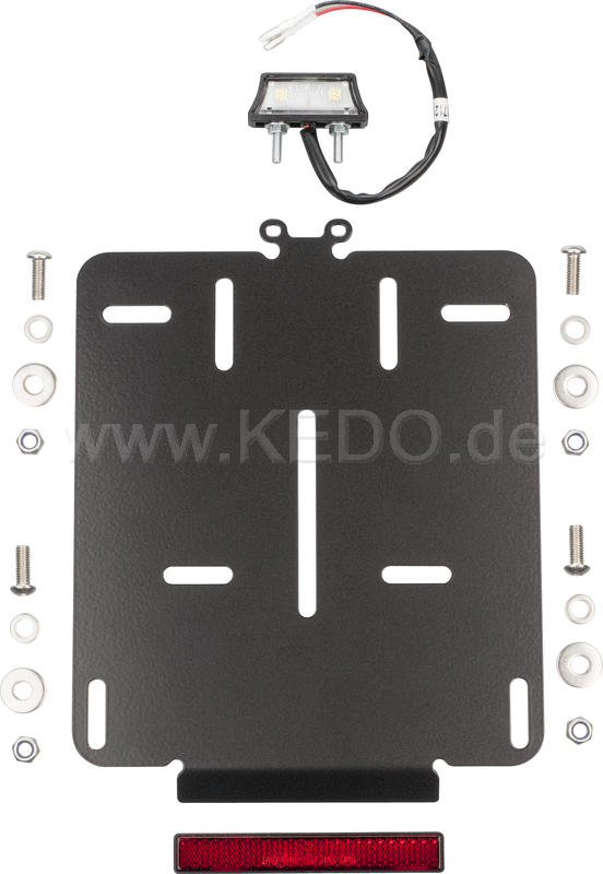 Kedo Universal License Plate incl E-approved LED license plate light + reflector, 2mm aluminum black coated, fits Euro license plates 180x200mm | 63006