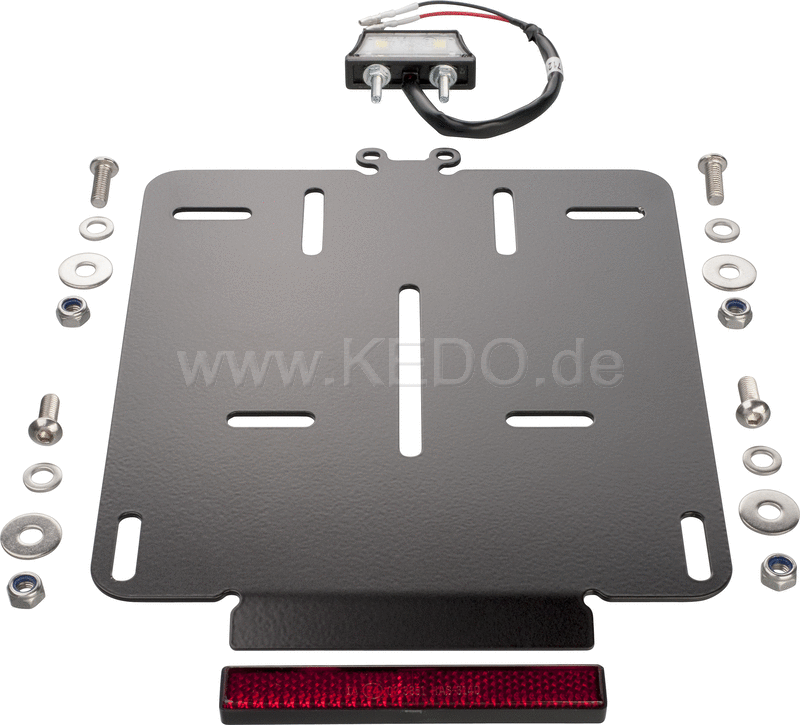 Kedo Universal License Plate incl E-approved LED license plate light + reflector, 2mm aluminum black coated, fits Euro license plates 180x200mm | 63006