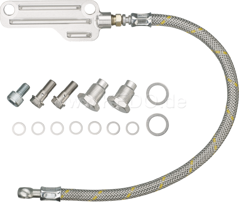 Kedo Twin Feed Oil Line Kit 'Vintage' with Steel-Braided Oil Line and Silver Anodized aluminum block with fins, Complete Kit | 92105