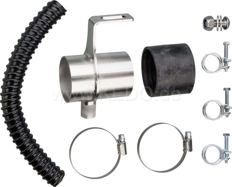 Kedo Air Filter Mounting / Air Intake Tract- Extension for Racing Air Filter (54mm, E.G. item 91372), stainless steel, with black engine ventilation pants | KTH-10049