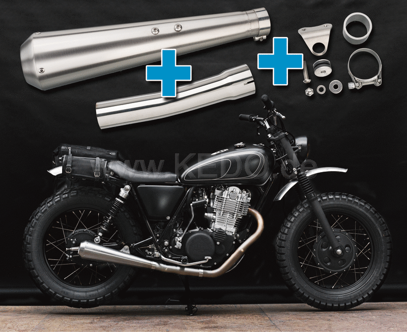 Kedo Gibbonslap Stainless Steel silencers, NOT Street Legal, incl dB killer, Connector Pipe and Bracket (in combination with center stand see item 27938) | WM0022-1