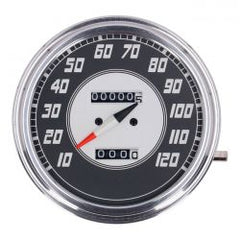 MCS FL Speedometer, 46-47 Face, Silver/Black. 1:1 Mph