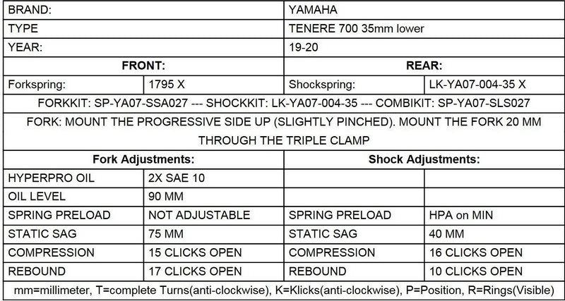 TOURATECH Lowering KIT about -35mm for Yamaha 700 Tenere ab 2019 forksprings and reversing lever | 01-632-5883-0